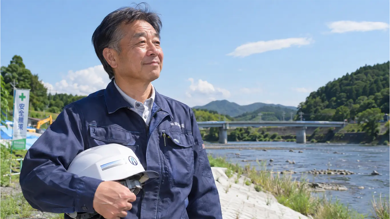 土木工事現場を背景に立つベテラン施工管理