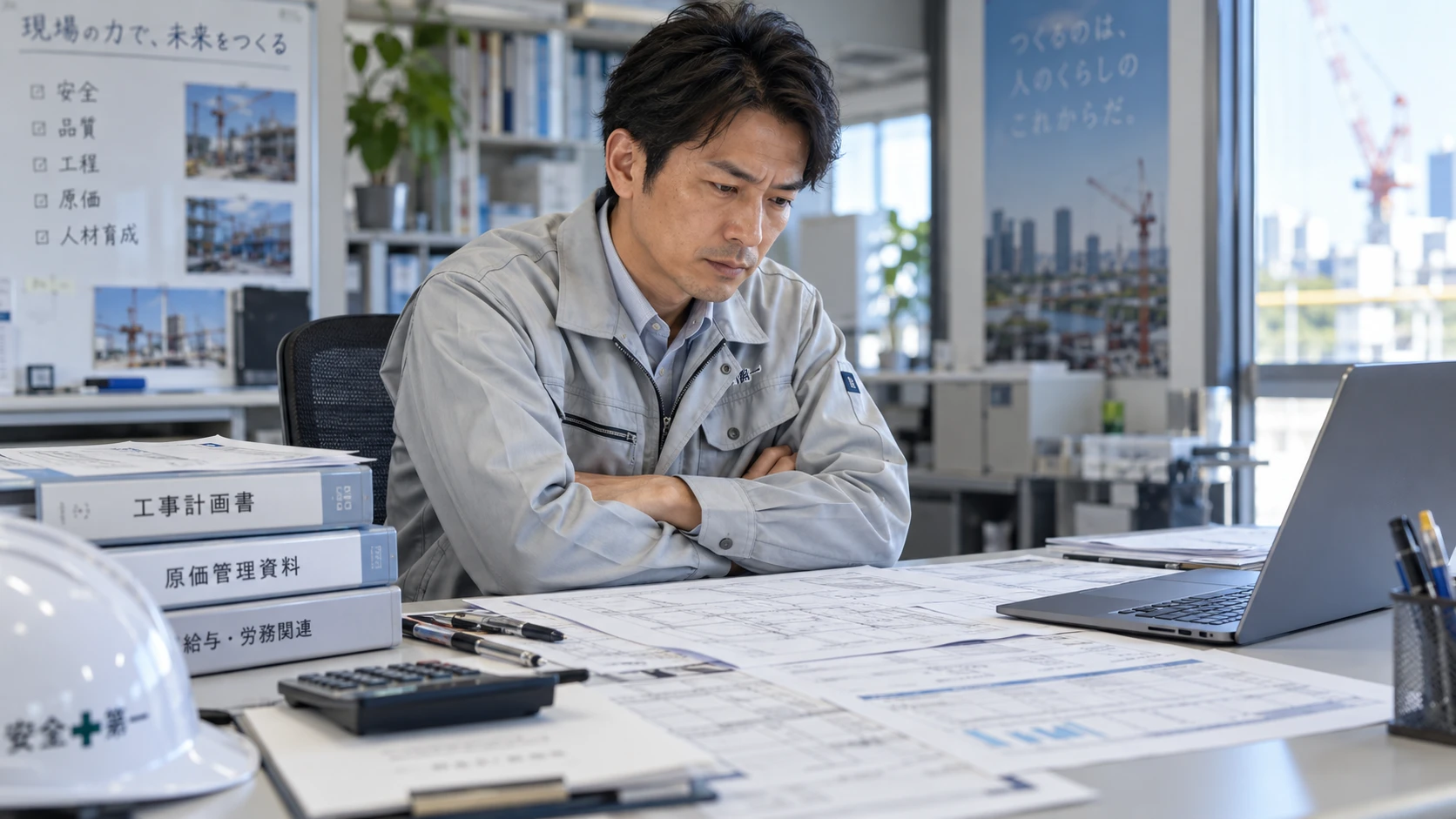 オフィスで給与について悩む施工管理