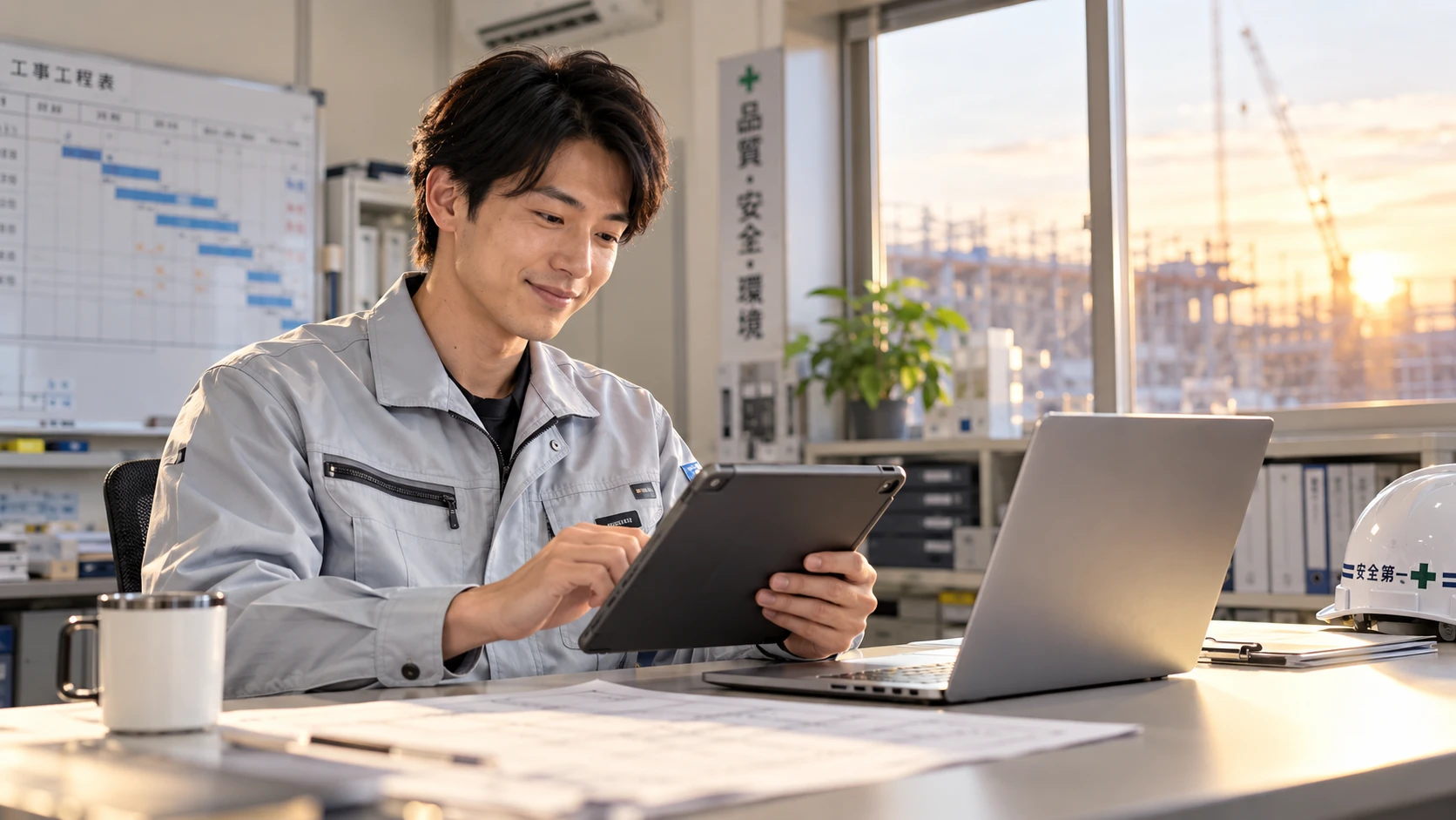 事務所で余裕を持って工程管理をチェックする施工管理