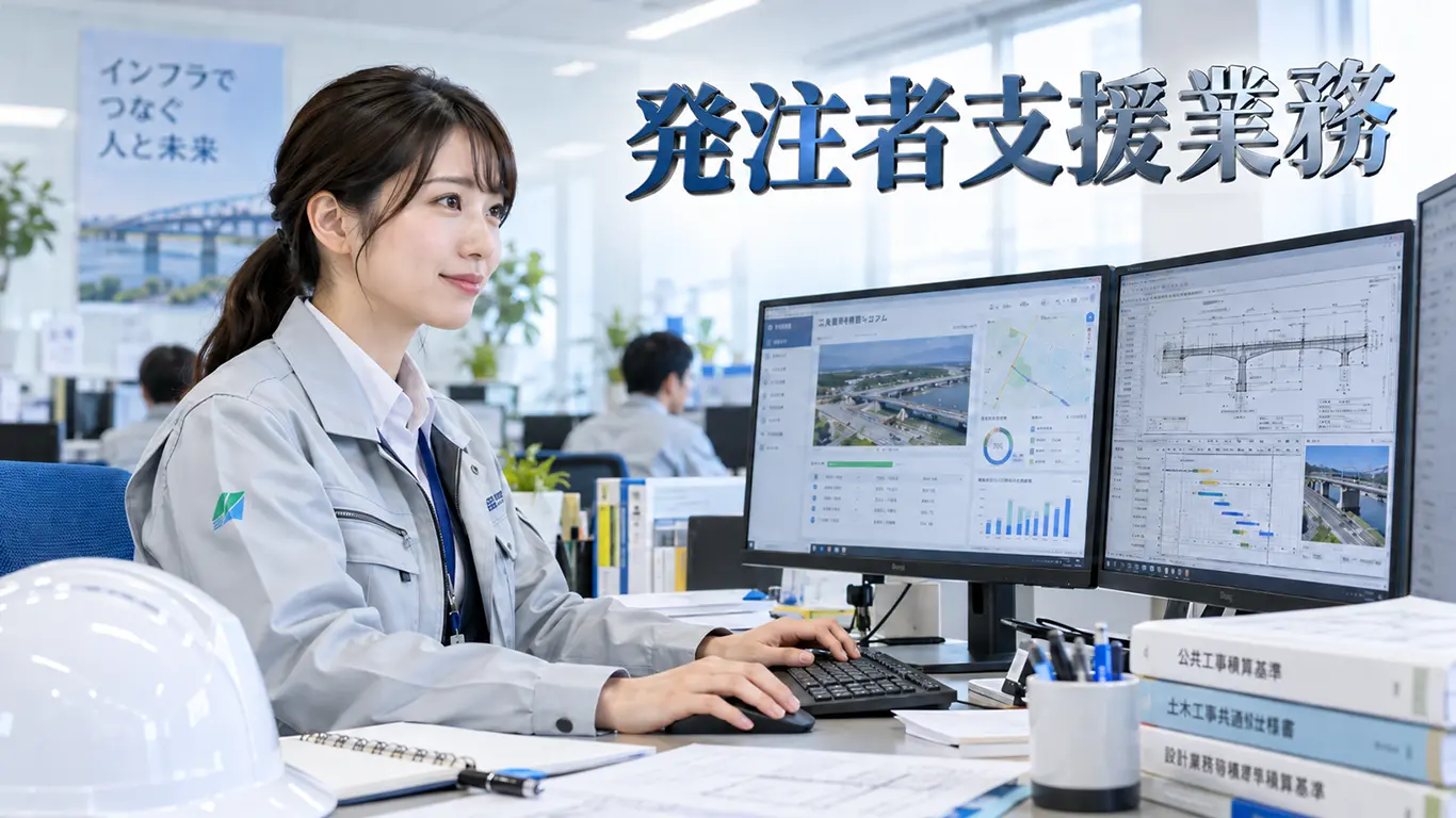 発注者支援業務でデータや図面を確認しながらパソコン操作をしている施工管理