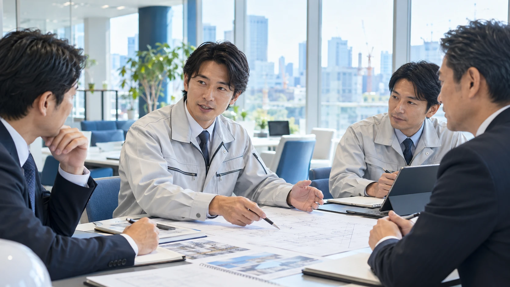 発注者や下請けと打ち合わせをする元請けの施工管理