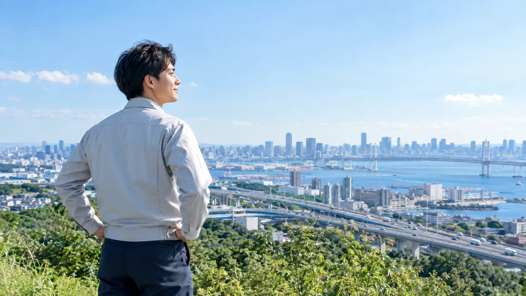 発注者支援で請け負った美しい道路インフラと近代的な都市景観を見渡す施工管理