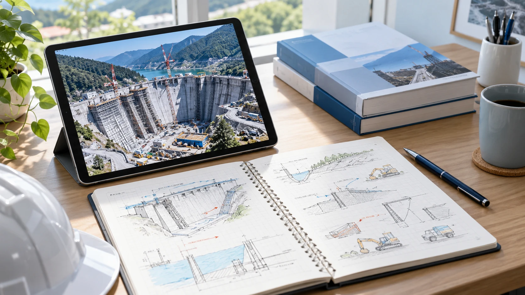 タブレット端末や図解で1級土木施工管理技士の資格勉強をしているデスク